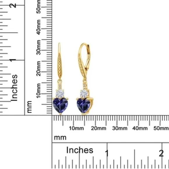 18K Yellow Gold with 2.17 Cttw Blue Iolite and Moissanite Heart Drop Earrings